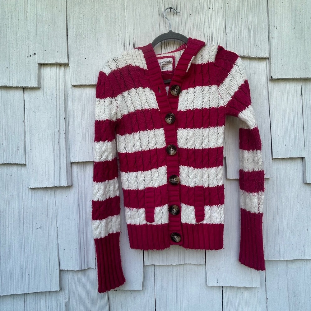 Aeropostale Vintage Y2K Pink White Striped Cable Knit Hooded Cardigan Sweater L